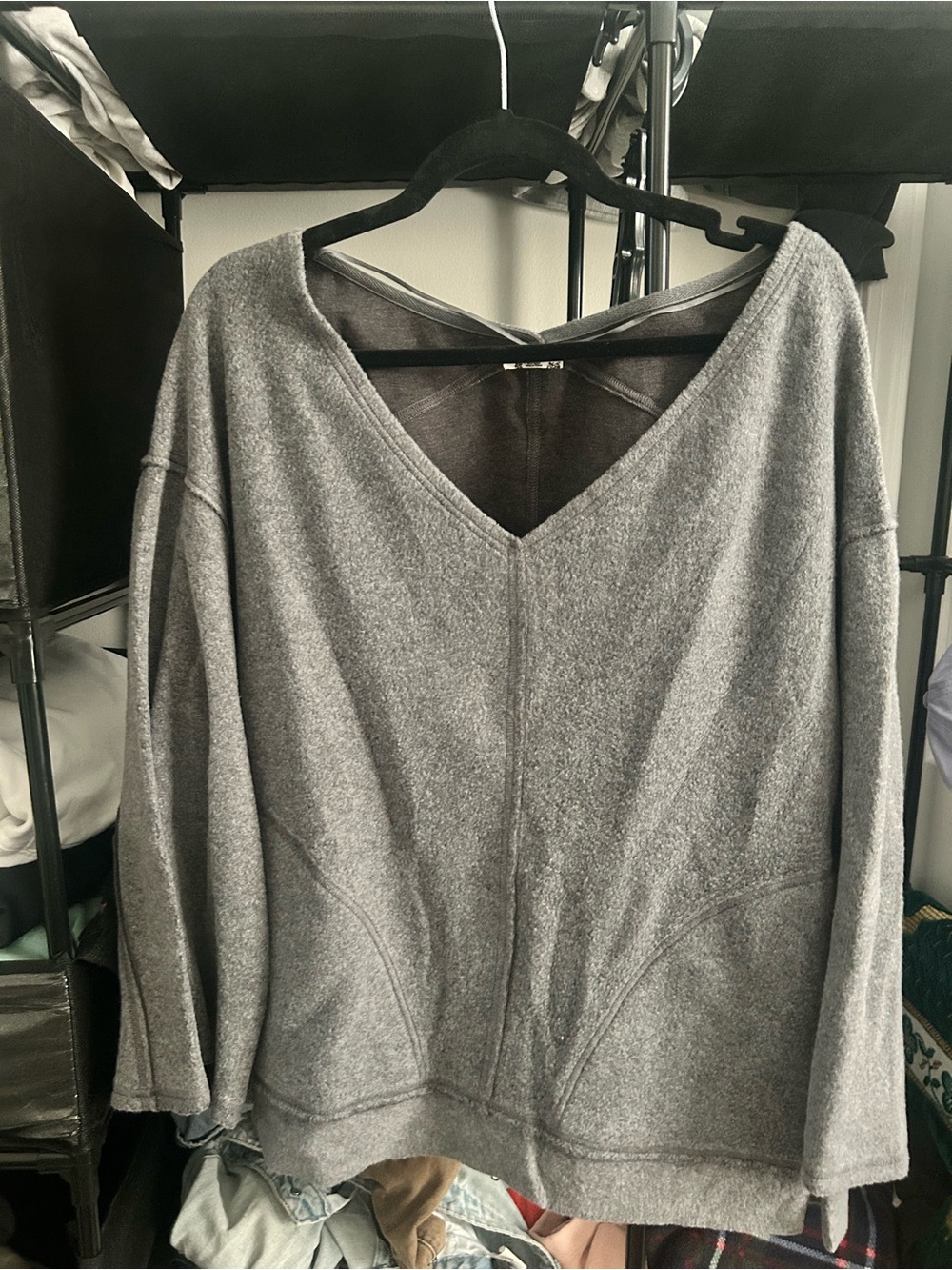Free People Gray V-Neck Relaxed Sweater 3/4 Bell Sleeve L